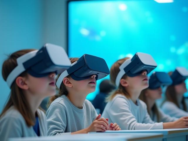 Оқушылар виртуалды шындық құрылғыларын пайдаланып экологиялық сабақта.