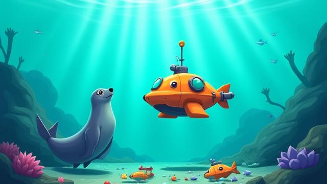 Су асты қайығы пластик қоқыстарды тазалап жатқан ойынның мұқабасы, балықтар қашып барады.